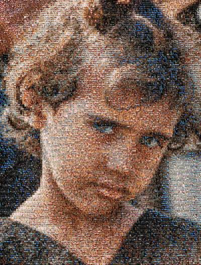 A child's portrait mosaic filled with tiles of children who are living in a challenging world.